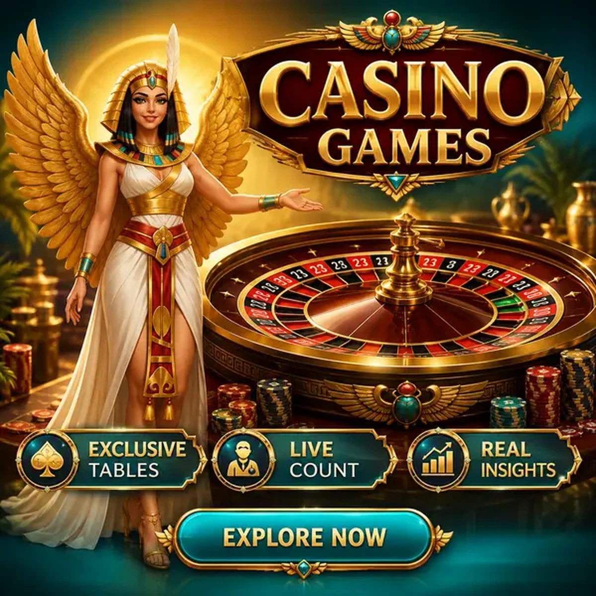 Queen of Feasts gebaart naar casinospellen bij Amun Ra terwijl roulettewiel draait