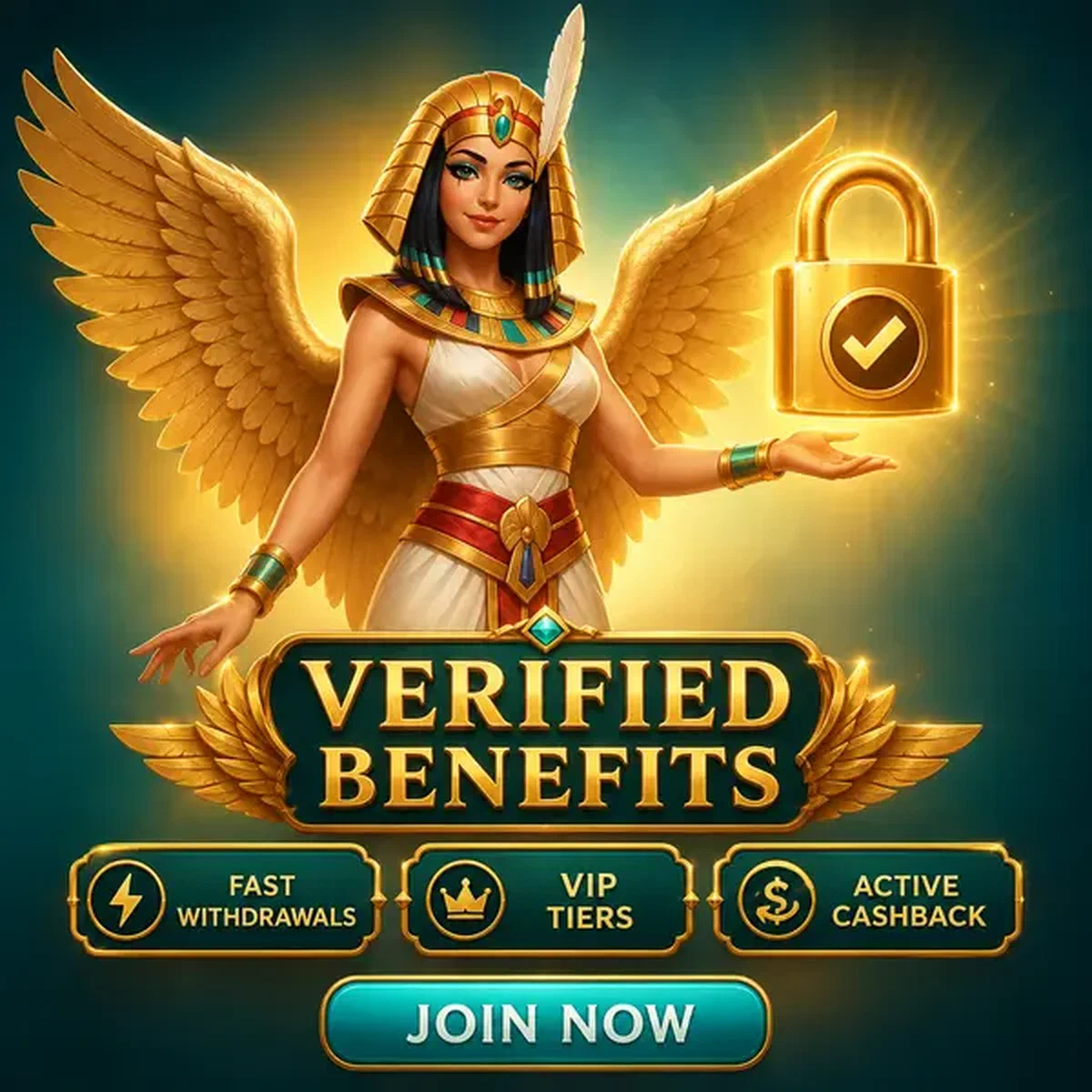 Gevleugelde koningin gebarend naar gouden hangslot terwijl speler identiteitsverificatie voltooit bij Voordelen na verificatie die langetermijnwaarde ontsluiten
