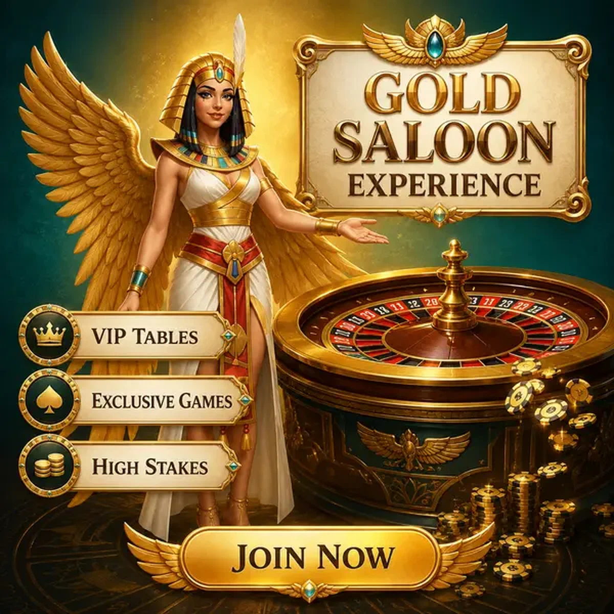 Gold Saloon Experience gastvrouw met gouden vleugels verwelkomt spelers aan VIP live casino tafels