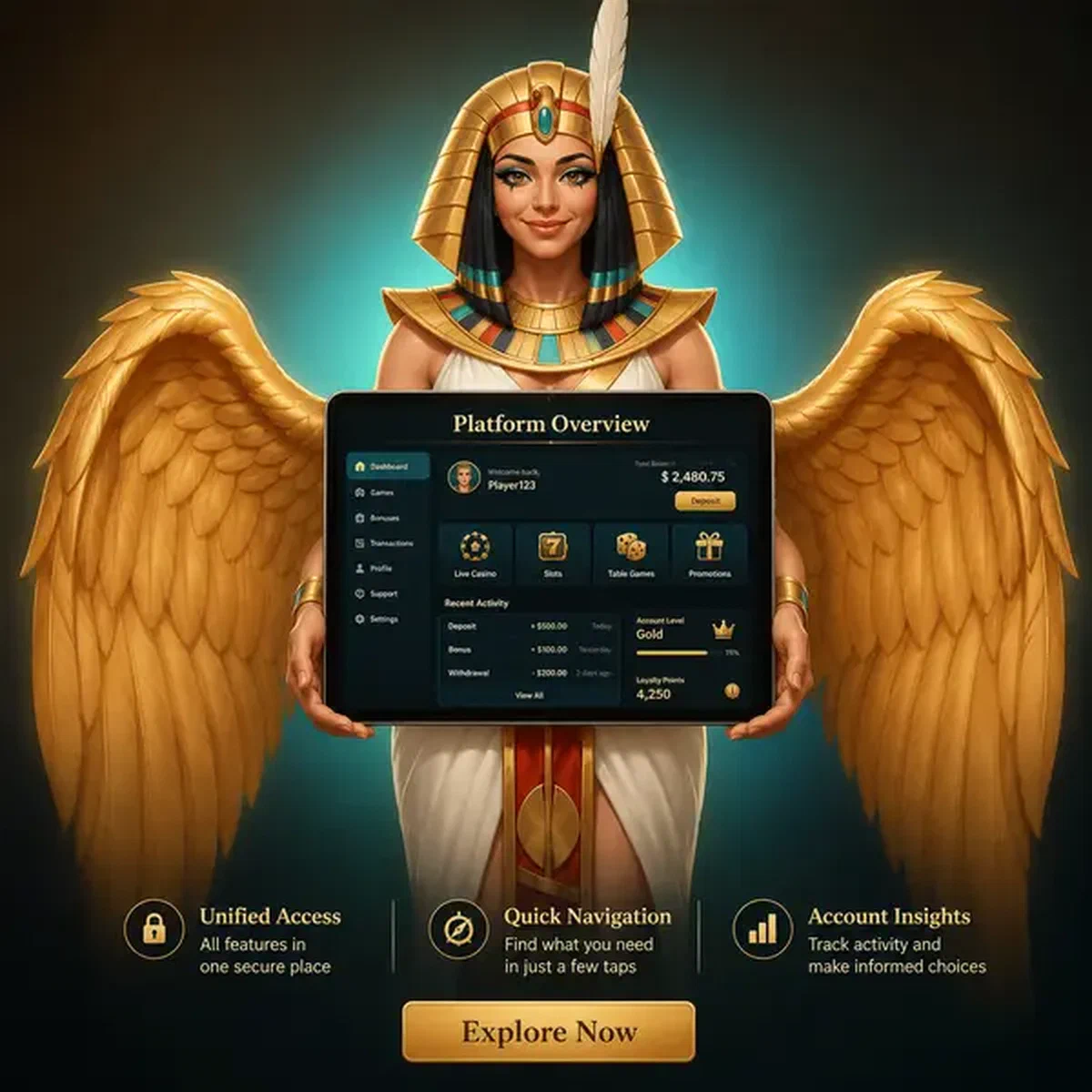 Sierlijke gevleugelde koningin presenteert login dashboard bij Amun Ra Casino welkomstportaal