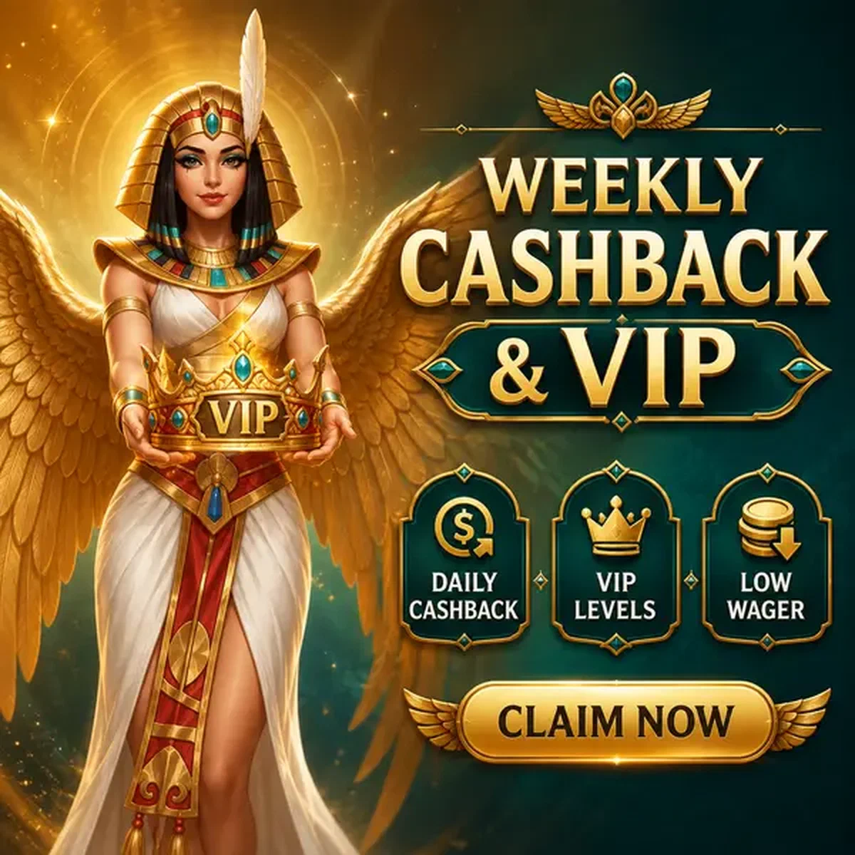 Gevleugelde koningin presenteert gouden kroon terwijl speler inlogt op VIP beloningen bij Claiming Your Weekly Cashback and VIP Rewards